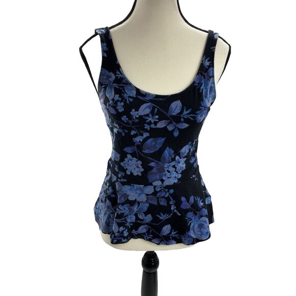 Express Womens Size S Tank Top Black Blue Floral Print Sleeveless Peplum Blouse - Picture 1 of 6